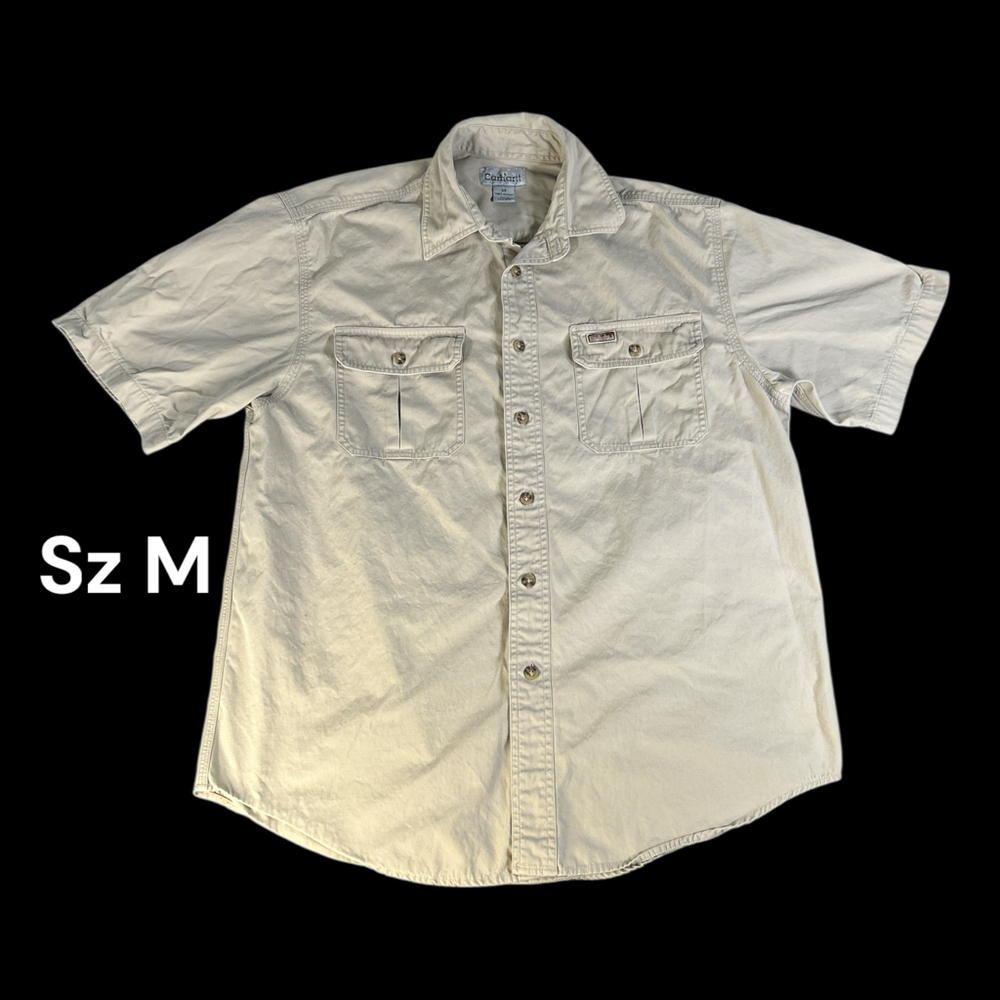 VTG Carhartt Casual Button Up Shirt Men's Sz M Beige Cotton